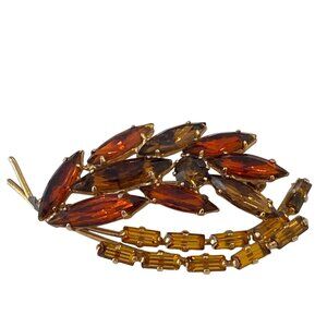 Vintage 1950s Amber & Gold Tone Rhinestone Leaf Brooch Pin costume jewelry cryst